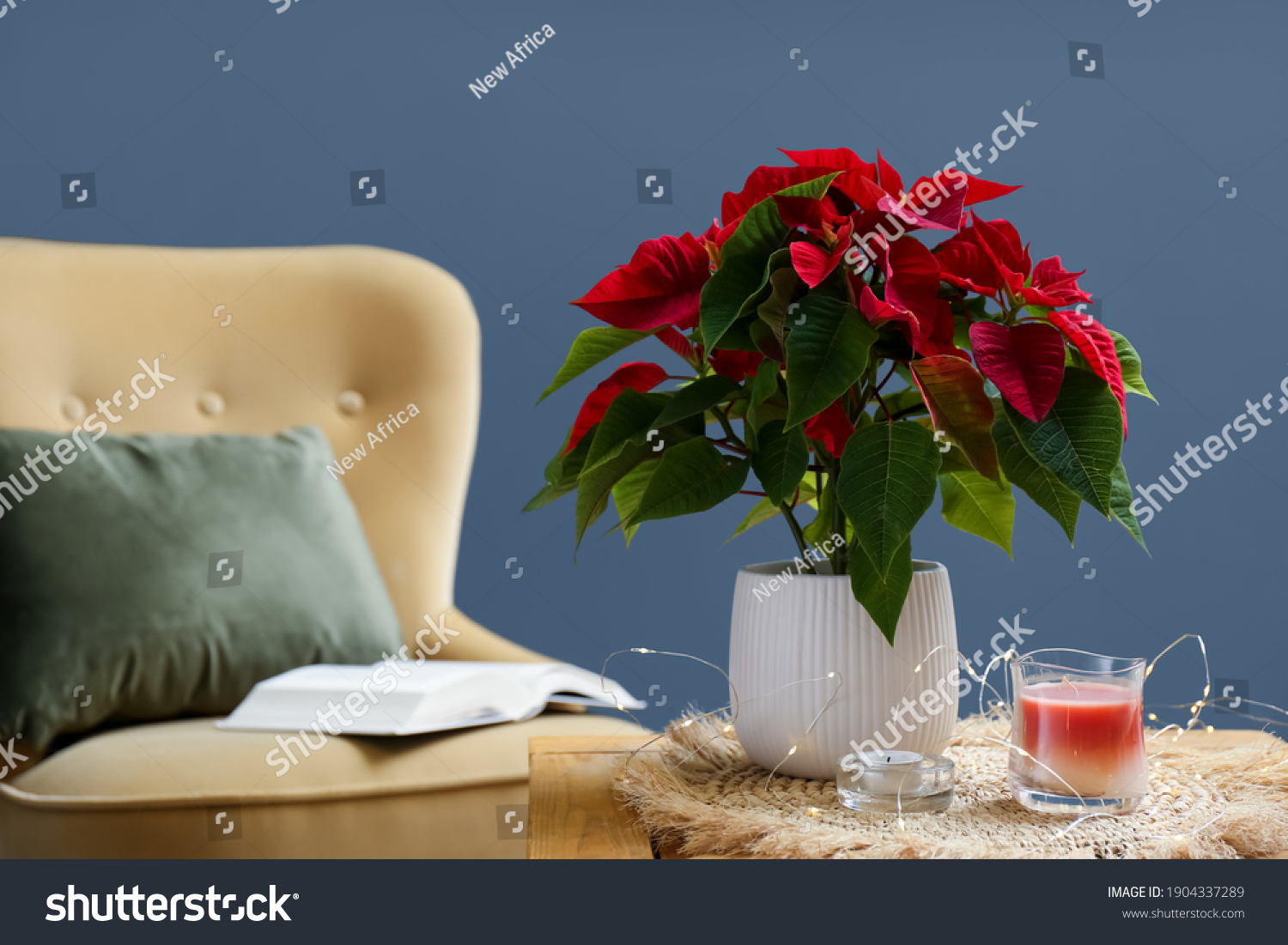 Beautiful Poinsettia, candles and garland on wooden table indoors, space for text. Interior elements #1904337289