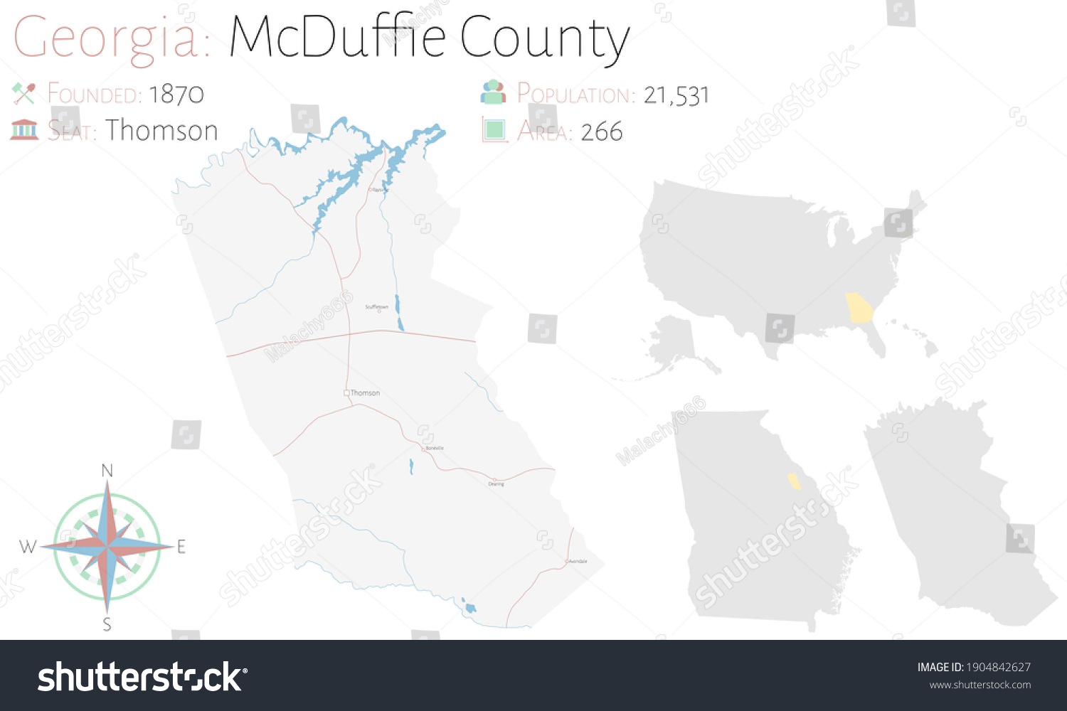 Large and detailed map of McDuffie county in - Royalty Free Stock ...