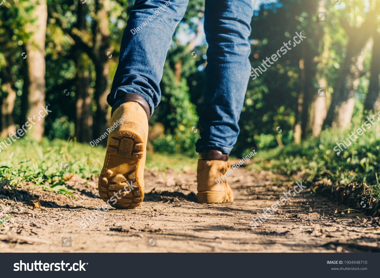 feet of an adult wearing boots to travel walking in a green forest. travel and hiking concept. #1904948710