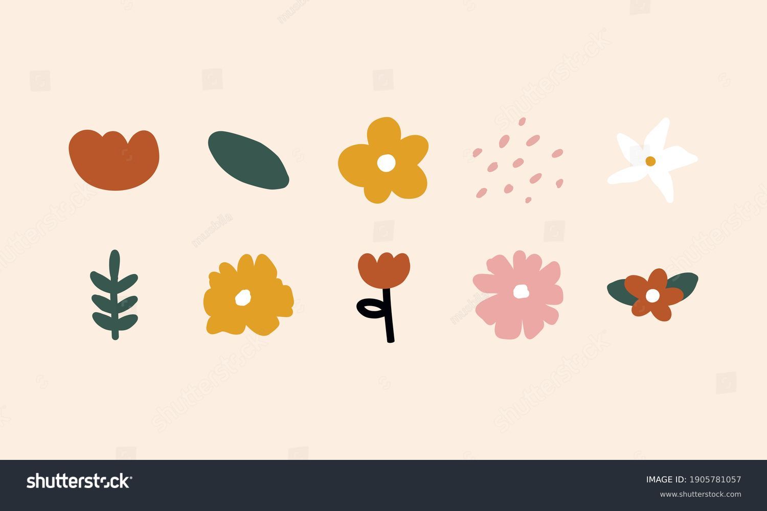 Simple Abstract hand drawn various shapes and doodle Botanical Nature flowers and Leaves objects contemporary modern trendy vector Elements illustration. #1905781057