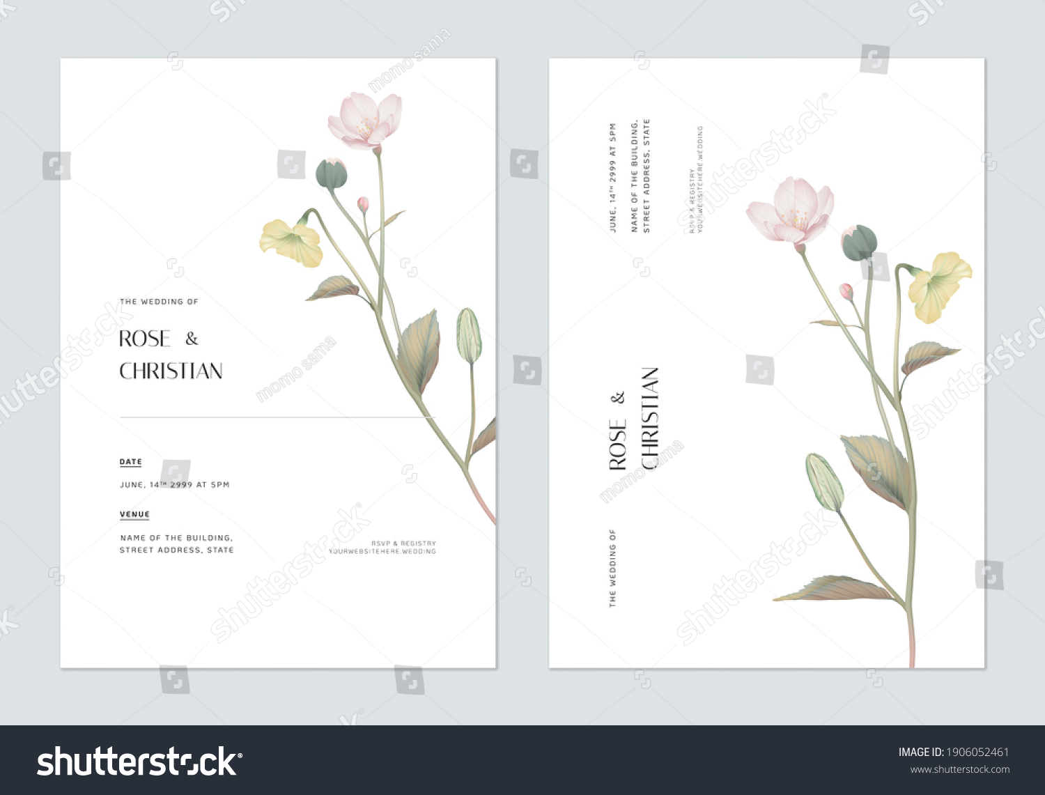 Minimalist floral wedding invitation card template design, various flowers bouquet on white #1906052461