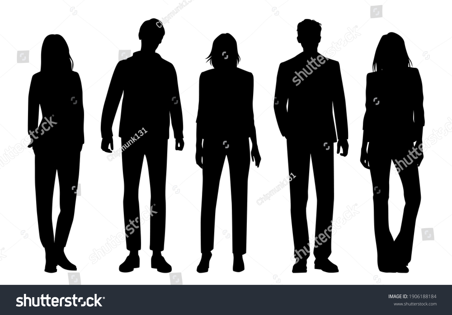 Vector silhouettes of  men and a women, a group of standing  business people, black  color isolated on white background #1906188184