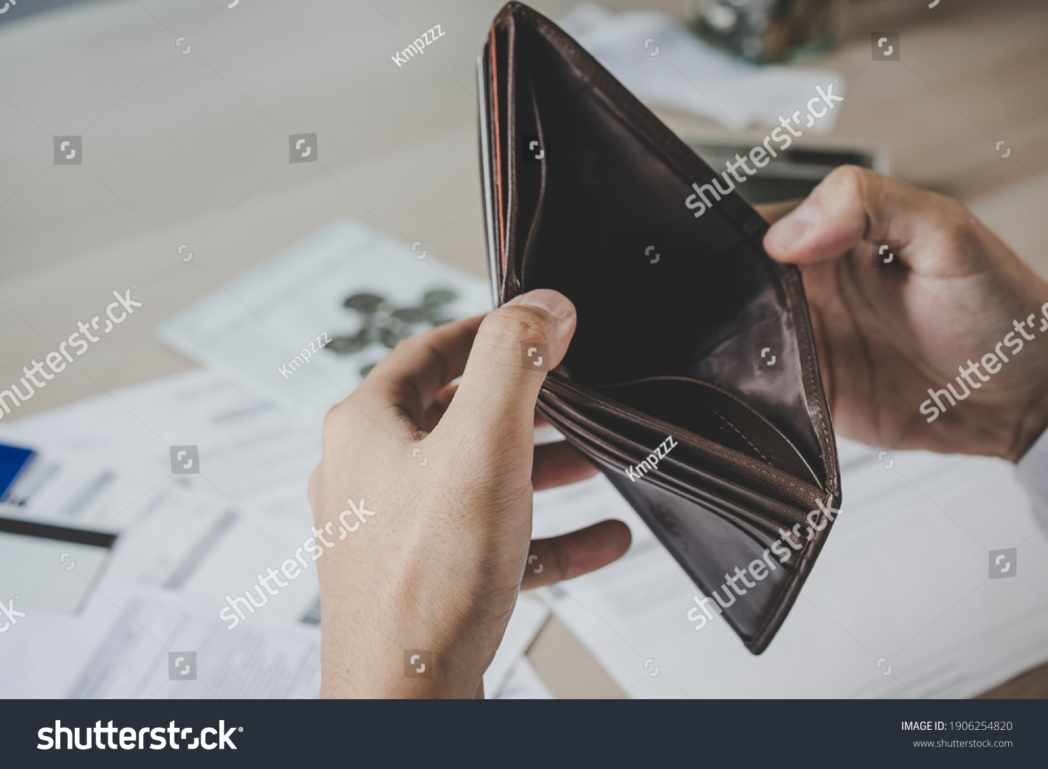 Stressed, Problem business person man, male holding and open an empty wallet not have money, credit card, not to payment bill, loan or expense in pay. Bankruptcy, bankrupt and debt financial concept. #1906254820
