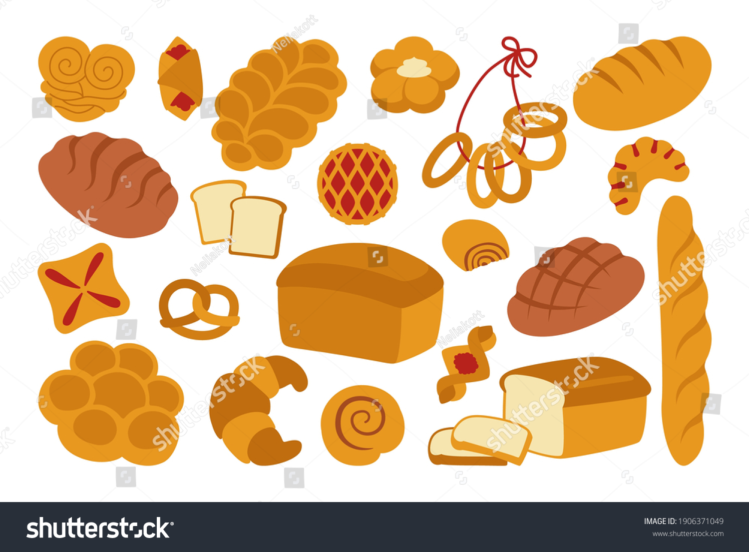 Bread flat icon set. Simple whole grain and wheat loaf bread, pretzel, muffin, croissant, french baguette. Organic baked goods, shop food, design menu bakery pastry. Vintage vector illustration #1906371049
