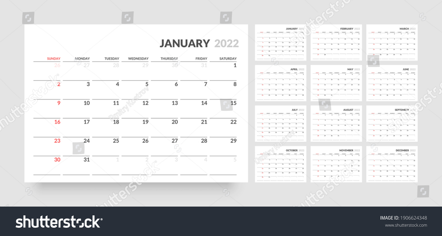 Monthly Calendar Template For 2022 Year Week Royalty Free Stock Vector 1906624348 9393