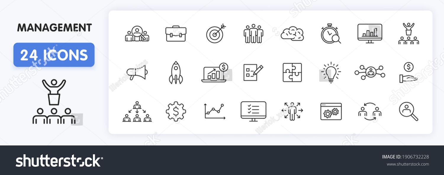 Set of 24 Management web icons in line style. Media, teamwork, business, planning, strategy, marketing. Vector illustration. #1906732228