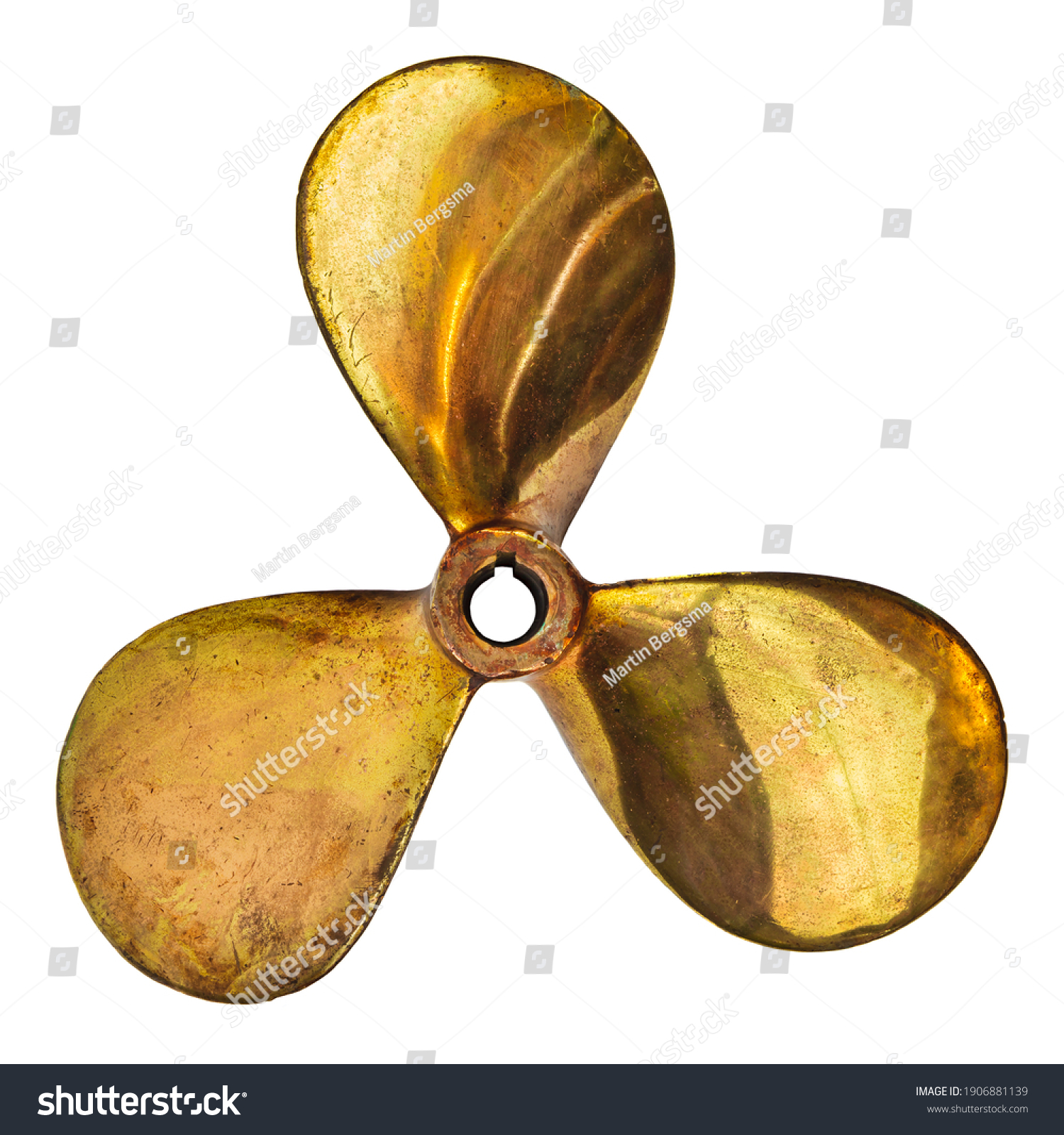 Vintage three bladed brass ship screw propeller isolated on a white background #1906881139
