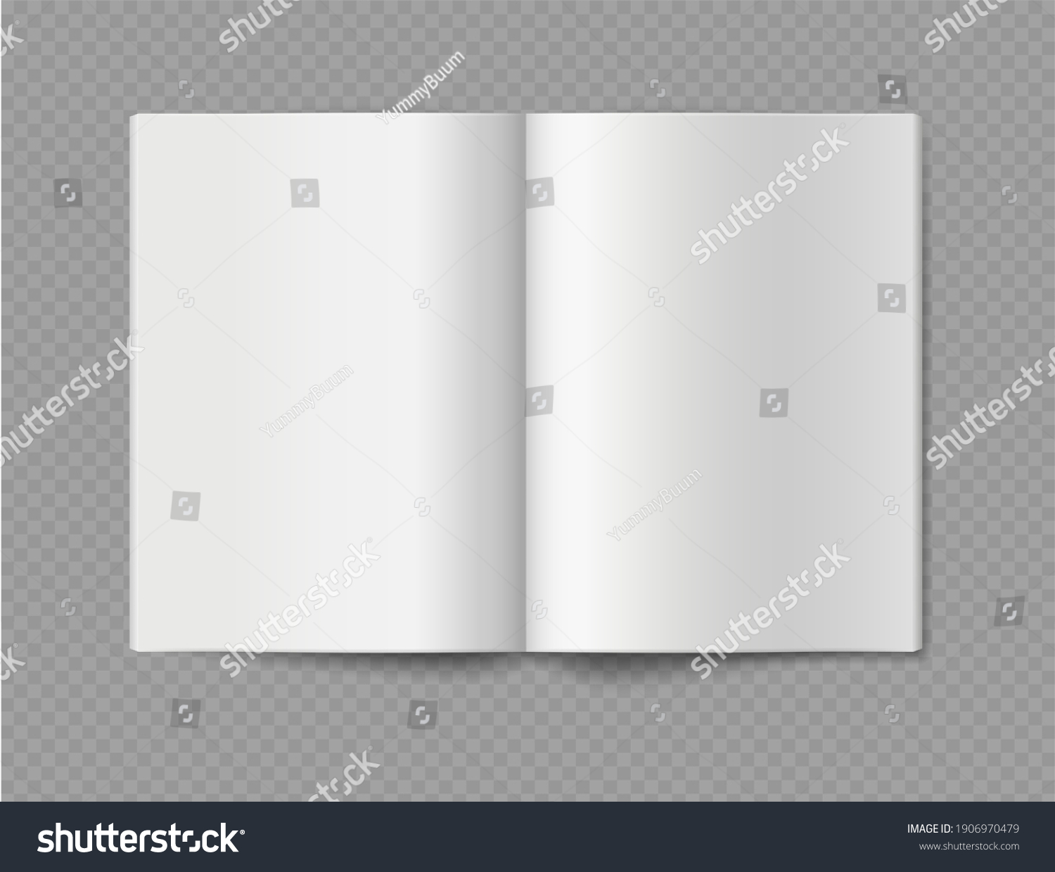 Empty book mockup. Opened 3d realistic booklet or brochure soft cover, album or catalog, journal or magazine template, blank white paper sheets, vector single object isolated on transparent background #1906970479