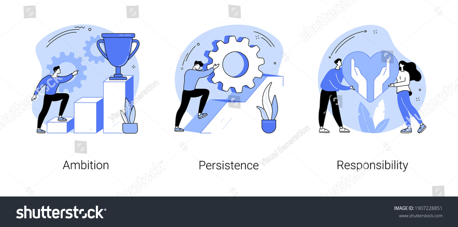 Goal achievement abstract concept vector illustration set. Ambition, persistence and responsibility, making fast career, self-confident, motivation and determination, success abstract metaphor. #1907228851