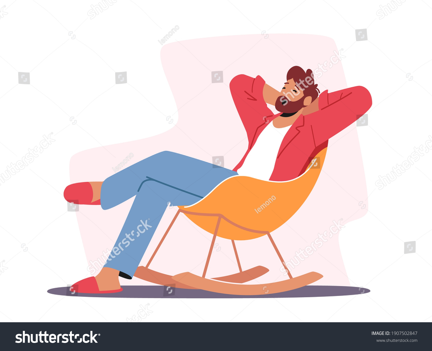 Relaxed Male Character in Home Clothes and Slippers Sitting in Comfortable Chair Yawning, Man Leisure at Home after Work or Weekend. Furniture Design, Relaxing Sparetime. Cartoon Vector Illustration #1907502847