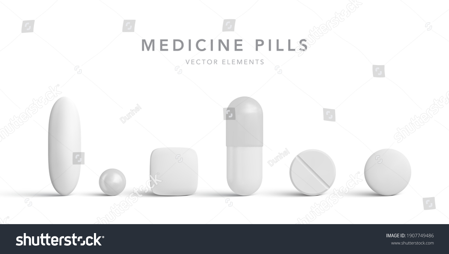Antibiotic pills isolated on white background. Collection of oval, round and capsule shaped tablets. Medicine and drugs. Vector illustration #1907749486