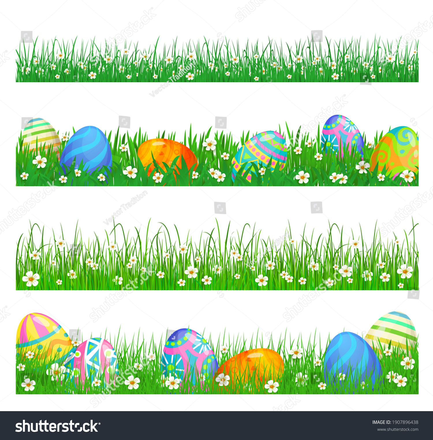 Easter eggs and green grass vector borders of Easter egg hunt religion holiday design. Spring grass blades, white flowers and blooming herbs banner, Resurrection Sunday decoration #1907896438