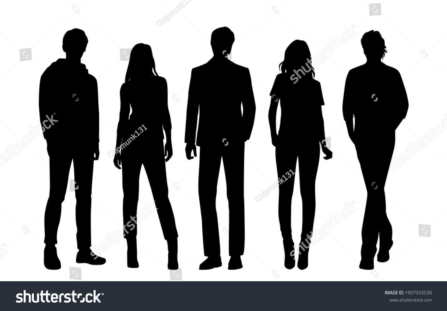 Vector silhouettes of  men and a women, a group of standing  business people, black  color isolated on white background #1907933530
