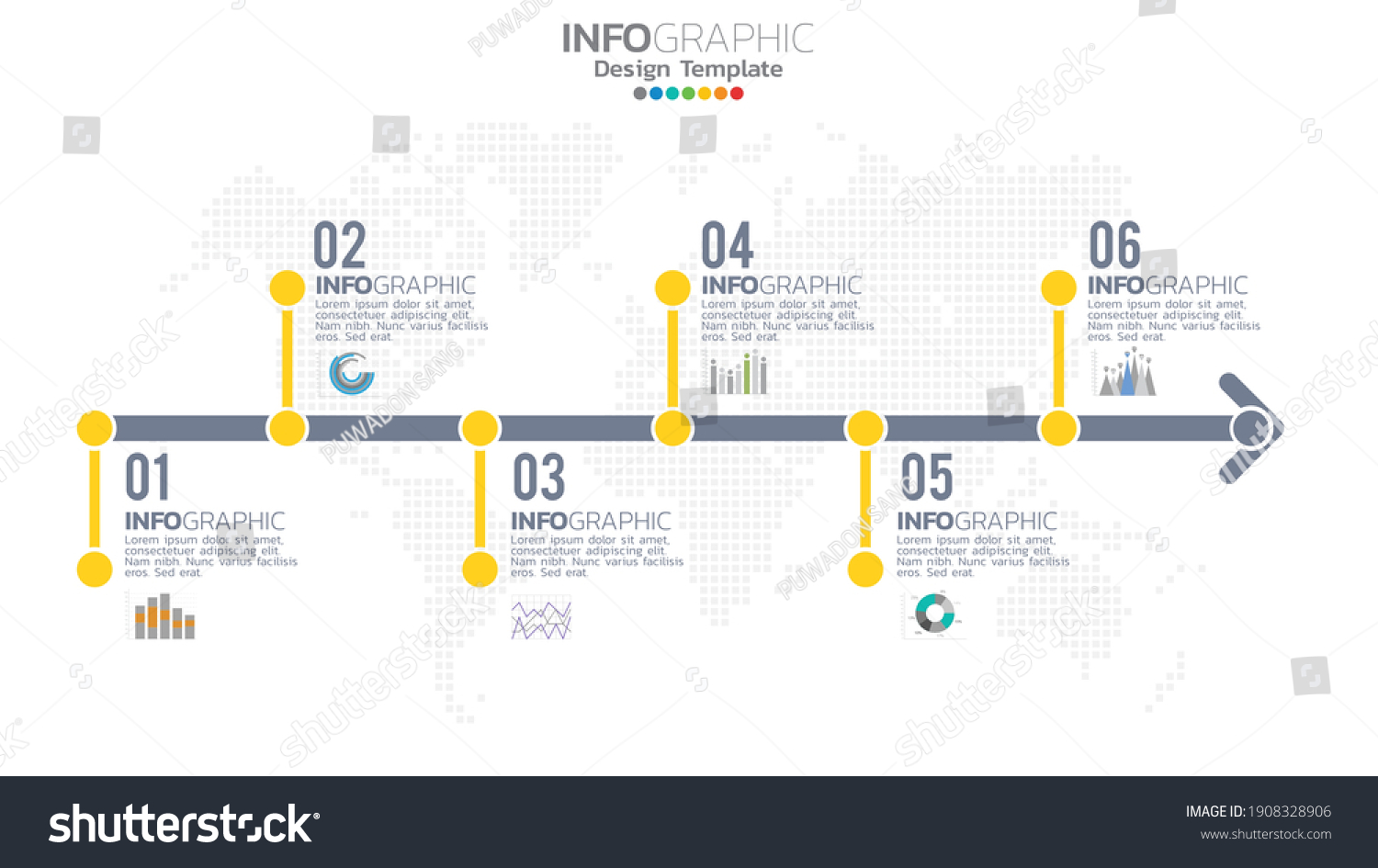 Infograph 6 step yellow color element with circle graphic chart diagram, business graph design. #1908328906