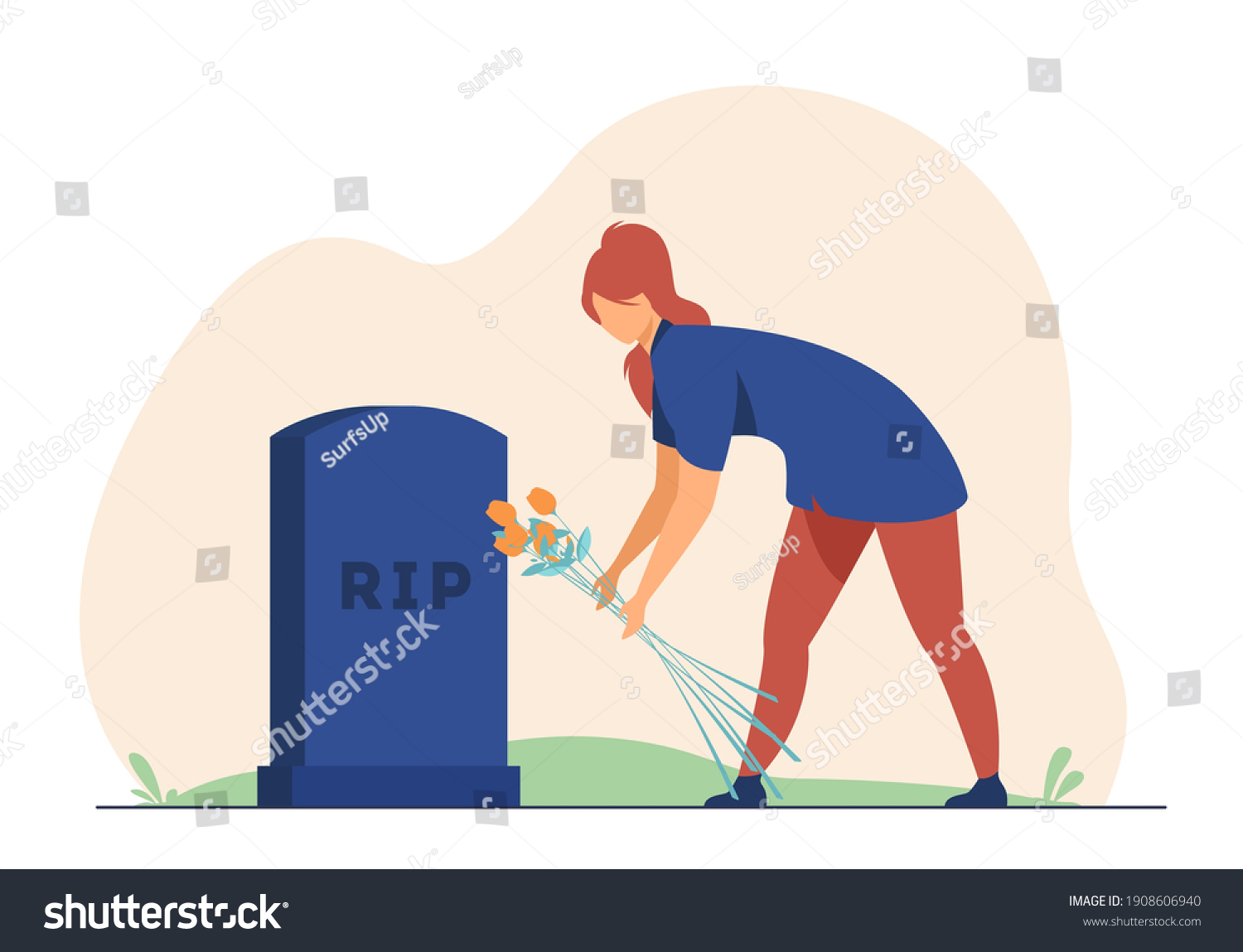 Woman visiting relatives grave. Person laying flowers at headstone. Flat vector illustration. Grief, monument, cemetery concept for banner, website design or landing web page #1908606940