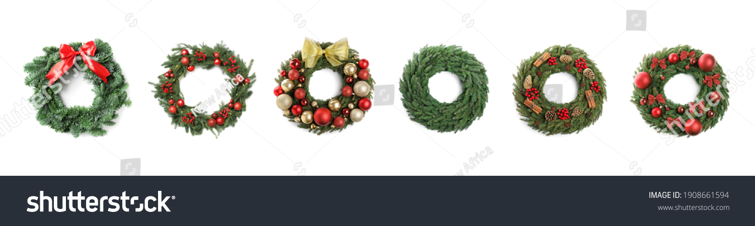 Set with beautiful Christmas wreaths on white background, banner design #1908661594