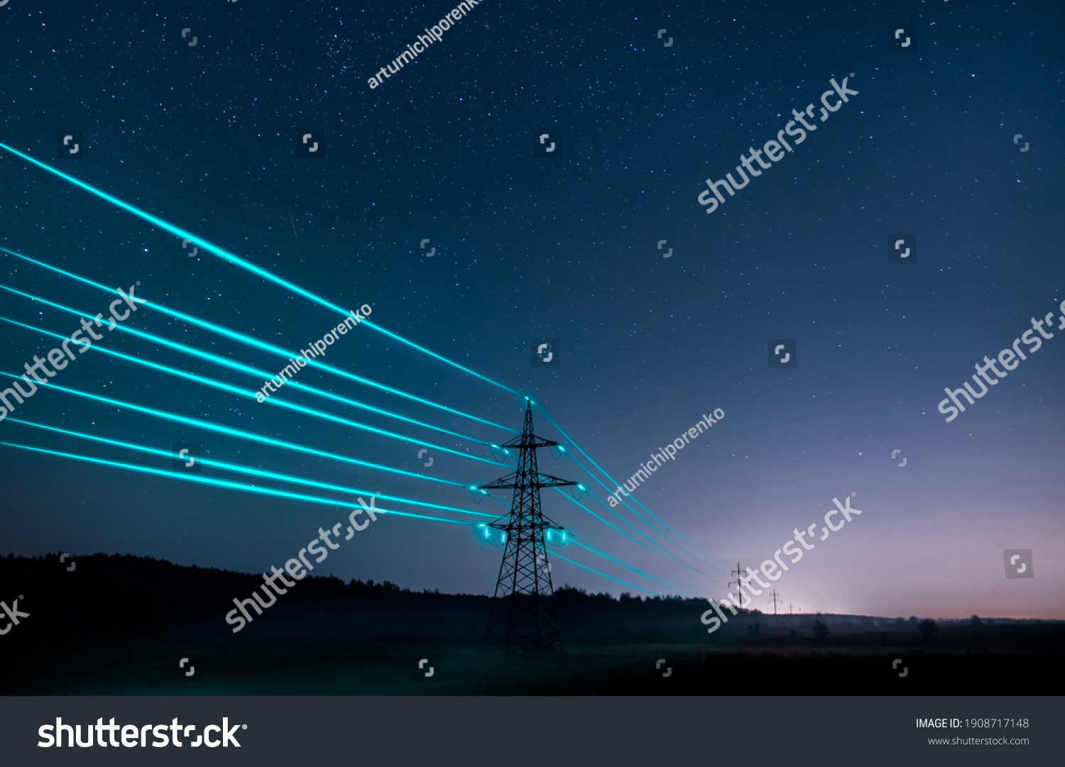 Electricity transmission towers with glowing wires against the starry sky. Energy concept. #1908717148