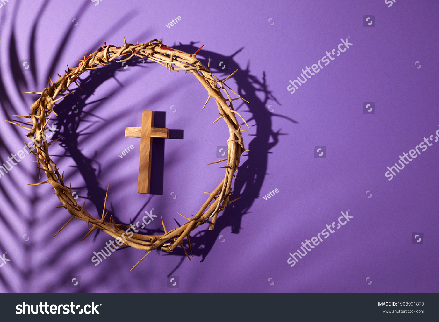 Lent season, Holy week and Good friday concept. Crown of torns and cross on purple background #1908991873