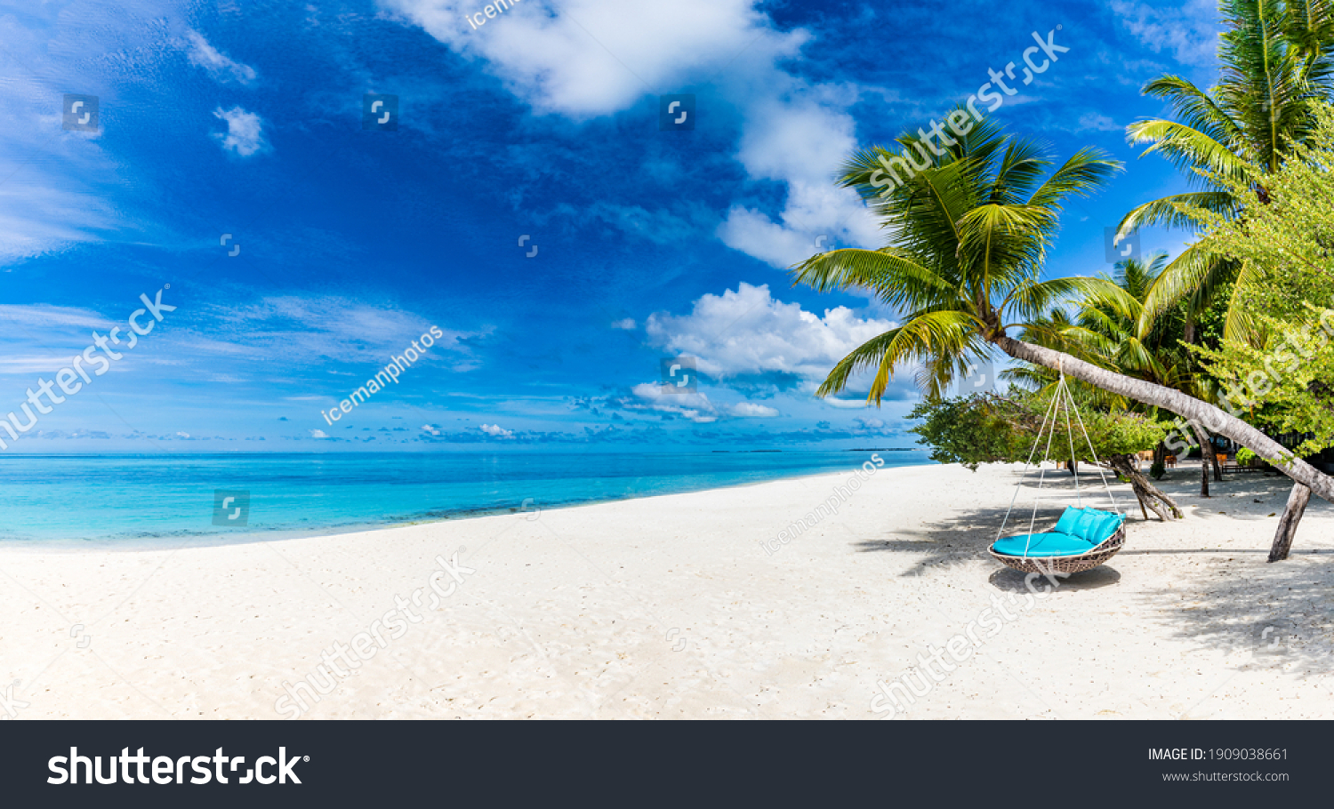 Tropical beach background as summer relax landscape with beach swing or hammock and white sand and calm sea for beach template. Amazing beach scene vacation and summer holiday concept. Luxury travel #1909038661