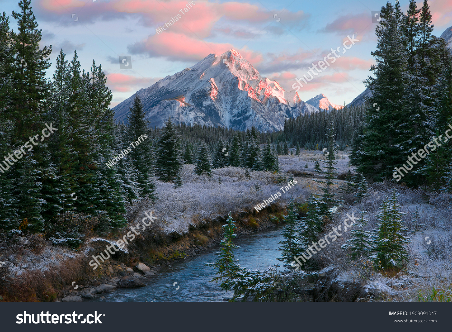 Canadian Rocky Mountain nature scene during a beautiful sunrise with a dusting of overnight snow and frost on the trees and ground.  #1909091047