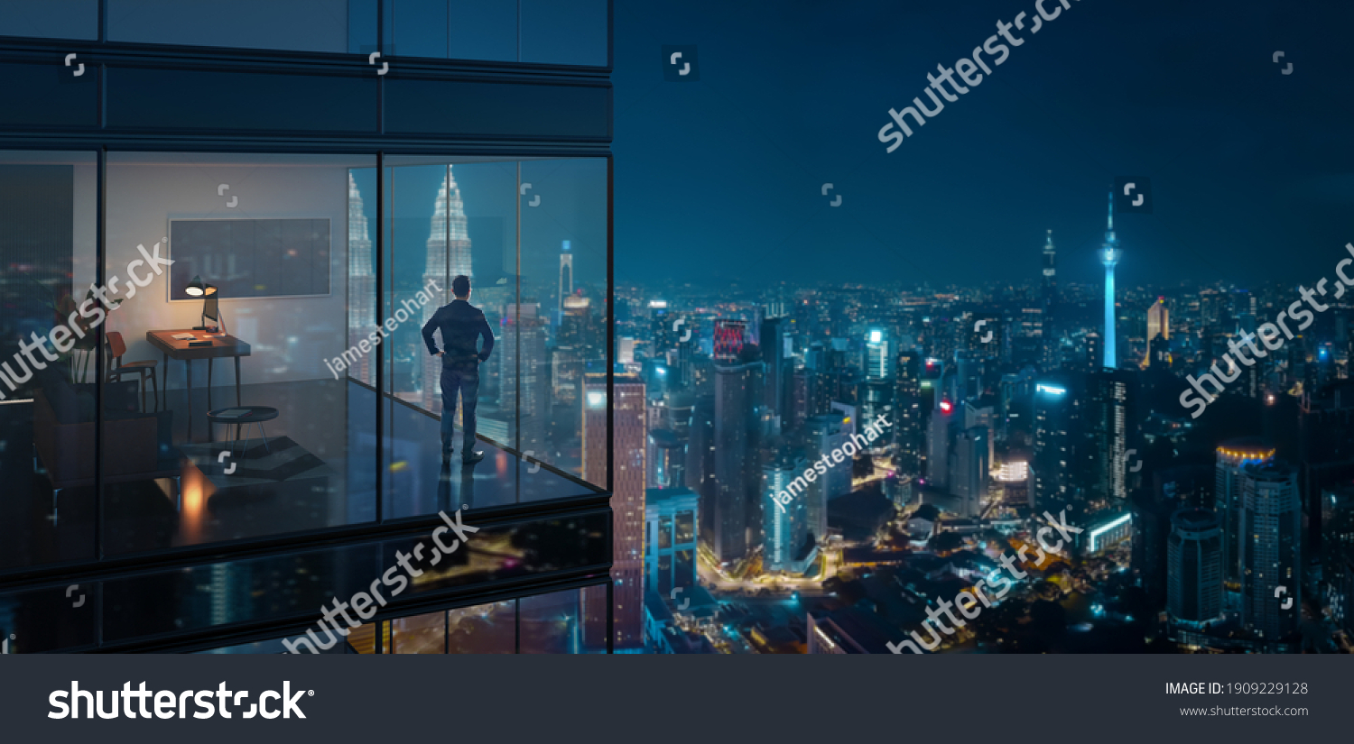Young business man standing in the 3d rendering office watching the modern city night view, view from the outside. Business ambition concept. #1909229128