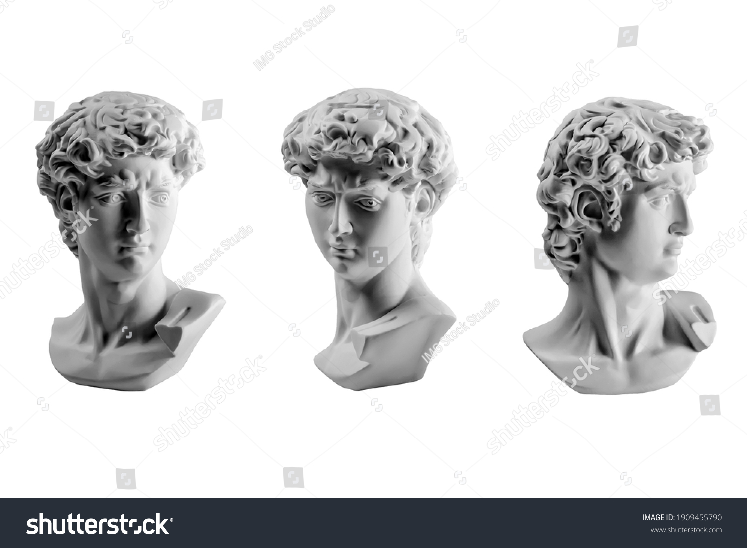 Gypsum statue of David's head. Michelangelo's David statue plaster copy isolated on white background. Ancient greek sculpture, statue of hero. #1909455790