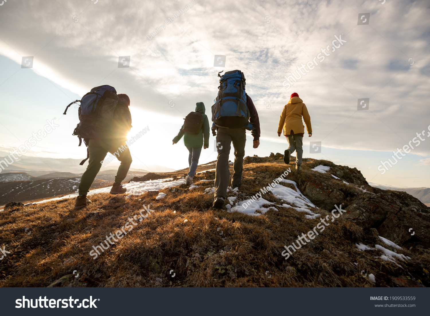 Group of four hikers with backpacks walks in mountains at sunset #1909533559