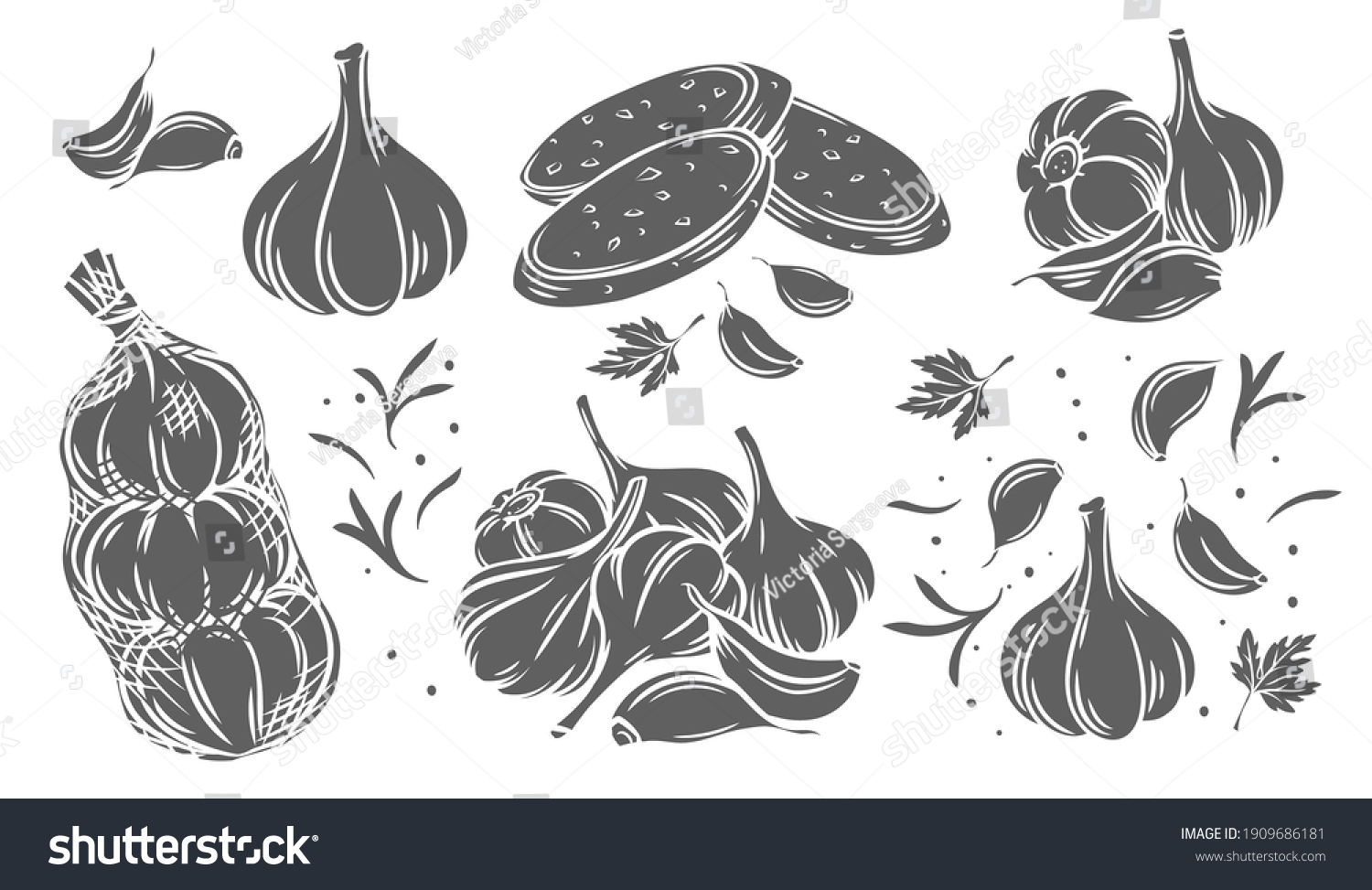 Garlic glyph monochrome icon set. Silhouette pile of garlic bulbs, in net bag and runchy garlic bread. Vector illustration of vegetables, farm product. #1909686181