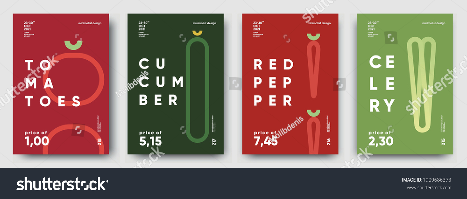 Tomatoes, Cucumber, Red pepper, Celery. Price tag, label or poster. Set of posters, vegetables and herbs in a minimalist design. Flat vector illustration.  #1909686373