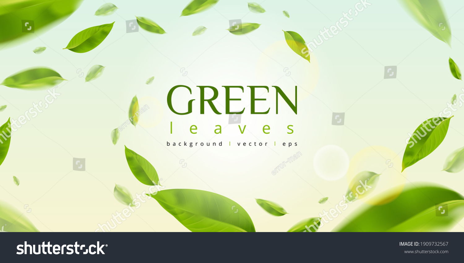 Flying green leaves effect with mild sunbeam in 3d illustration vector #1909732567