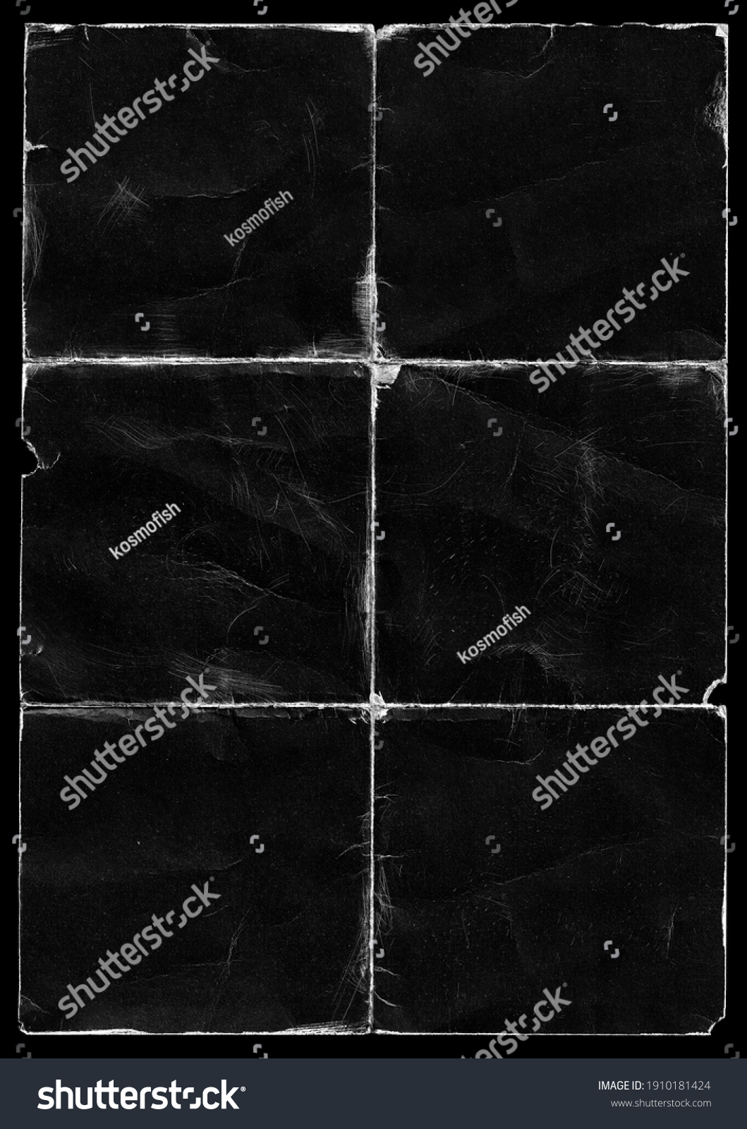 Old Black Empty Ripped Folded Torn Cardboard Paper Poster. Grunge Scratched Old Shabby Surface. Distressed Overlay Texture for Collage. 
 #1910181424