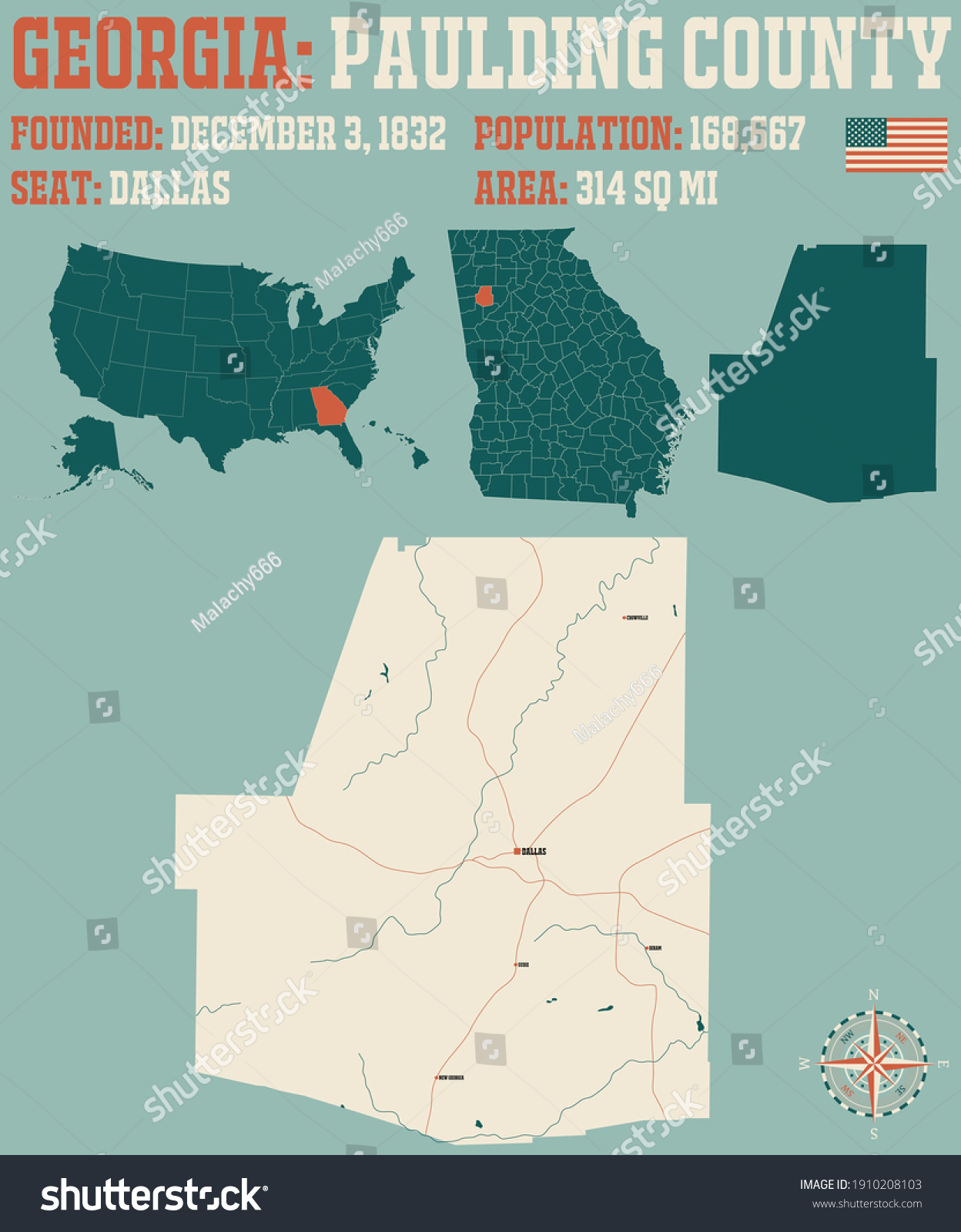 Large and detailed map of Paulding county in - Royalty Free Stock 