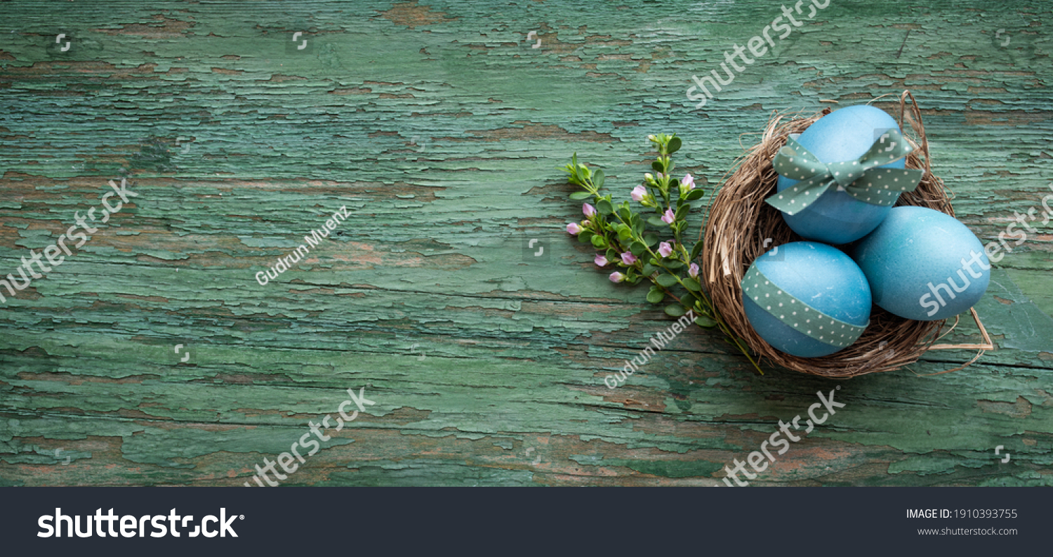 Pastel blue colored easter eggs on green shabby wood. Country style easter decoration with flowers. Background for easter greetings with space for text. Top view photography. #1910393755