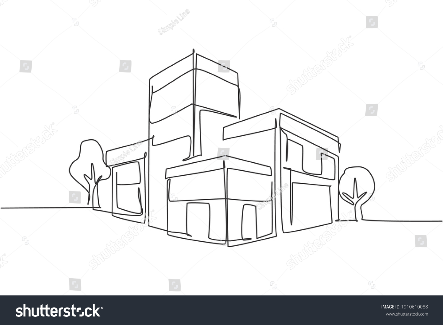 Single continuous line drawing luxury house building at big city. Home architecture property isolated minimalism concept. Dynamic one line draw graphic design vector illustration on white background #1910610088