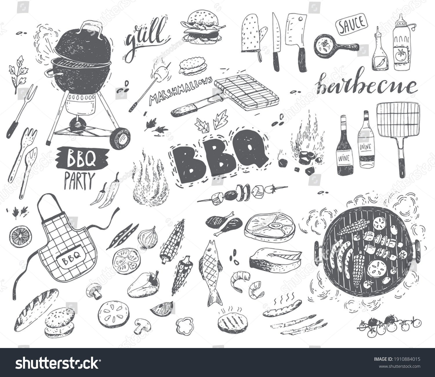 Bbq Doodle Set. Different Elements, Food, - Royalty Free Stock Vector 