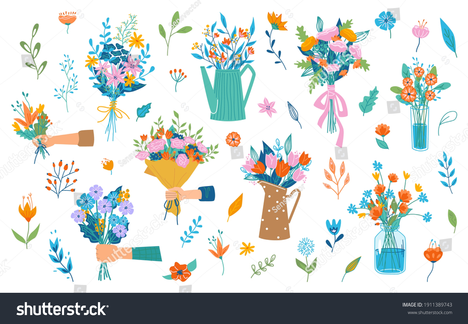 Hand holding or giving blooming bouquet of flowers, spring blossom and flourishing. Florist composition for holiday celebration. Flora in vase, decorative branches. Vector in flat cartoon style #1911389743