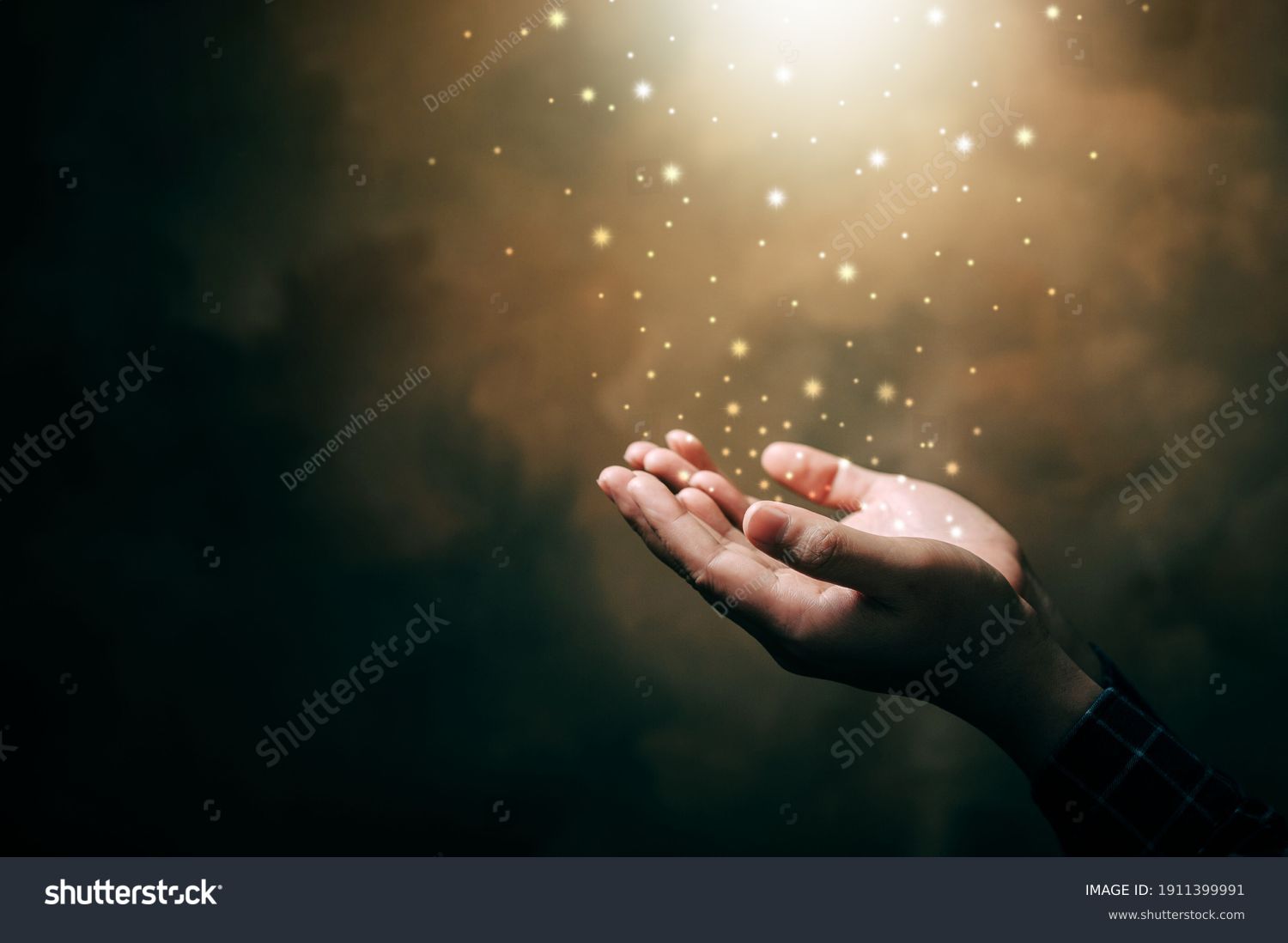 praying hands with faith in religion and belief in God on blessing background. Power of hope or love and devotion. #1911399991