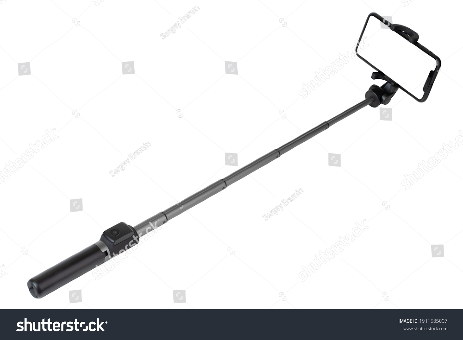 Selfie stick and smartphone on a white background. Smartphone with a white cut-out screen on a monopod. #1911585007