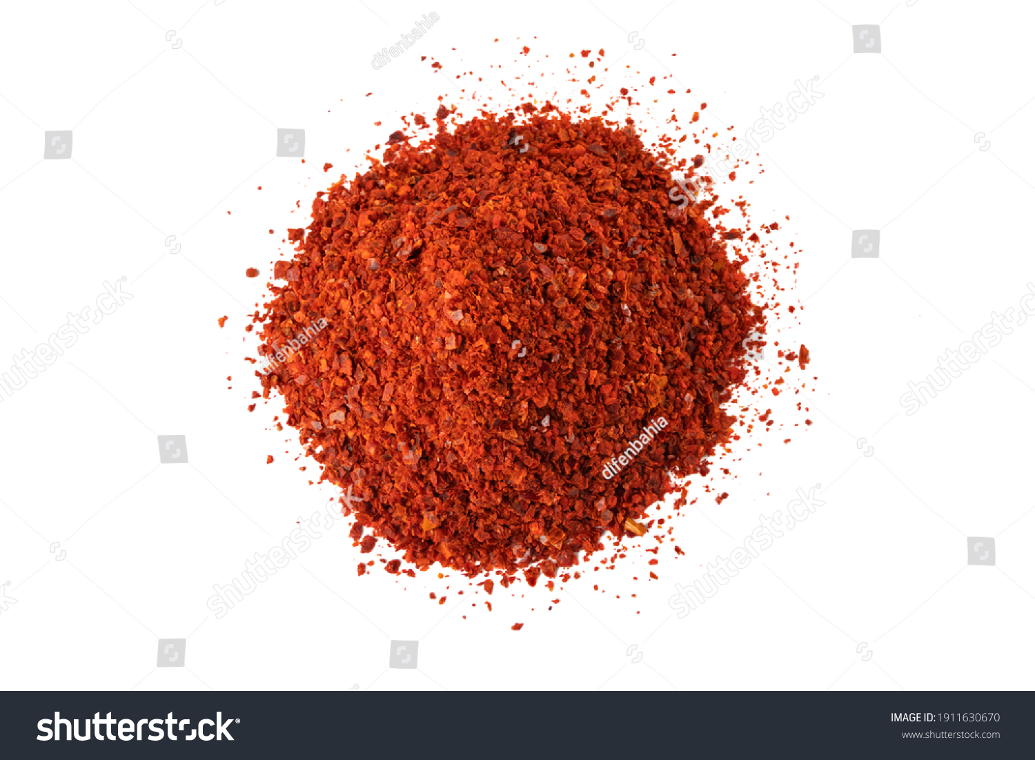 chilli pepper seedless flakes heap isolated on white background. Spices and food ingredients. in Korea known as Gochugaru. Used for Kimchi. #1911630670