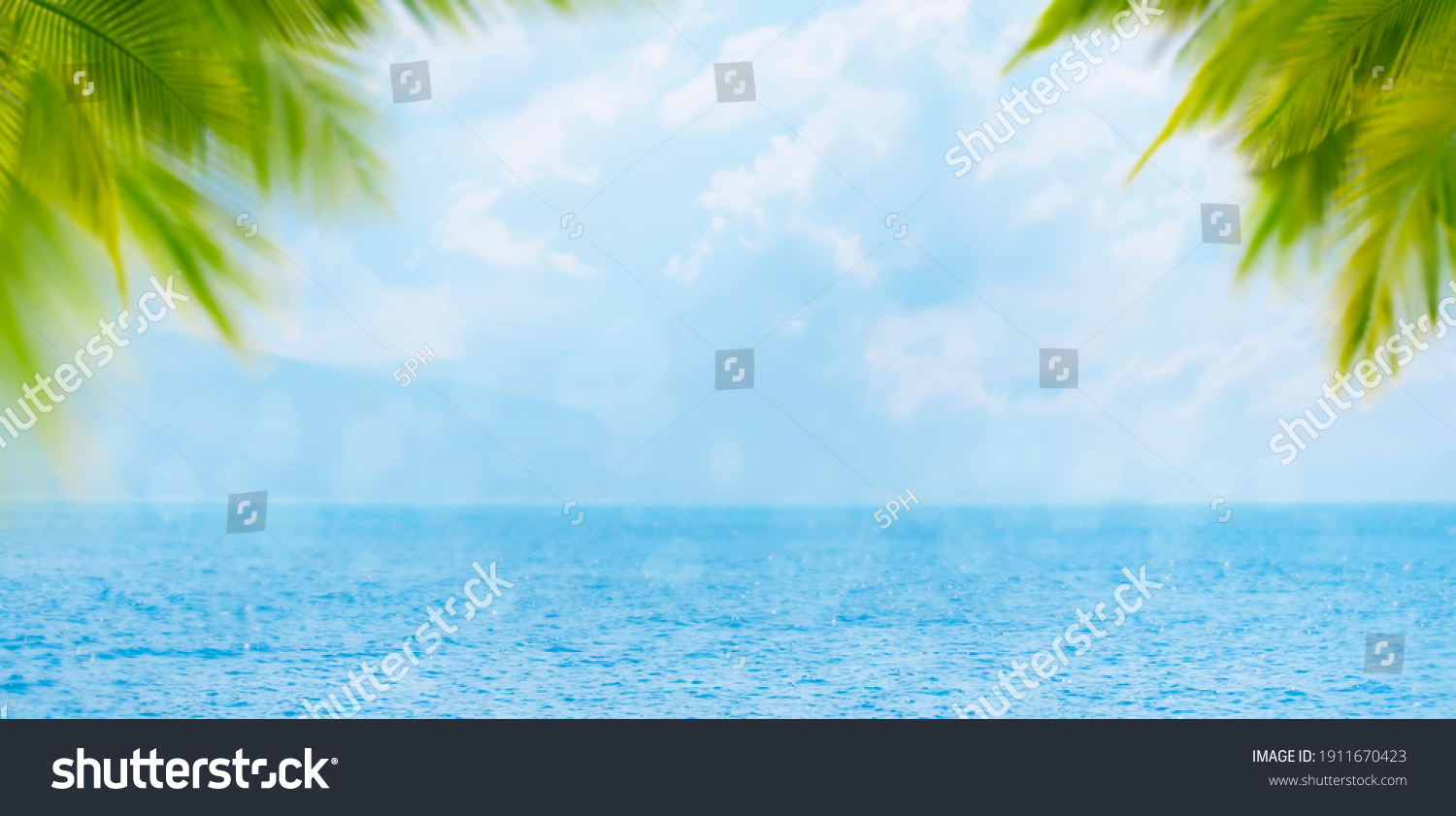 Blurred summer natural marine tropical blue background with palm leaves and sunbeams. Sea and sky with white clouds. Copy space, summer vacation concept #1911670423
