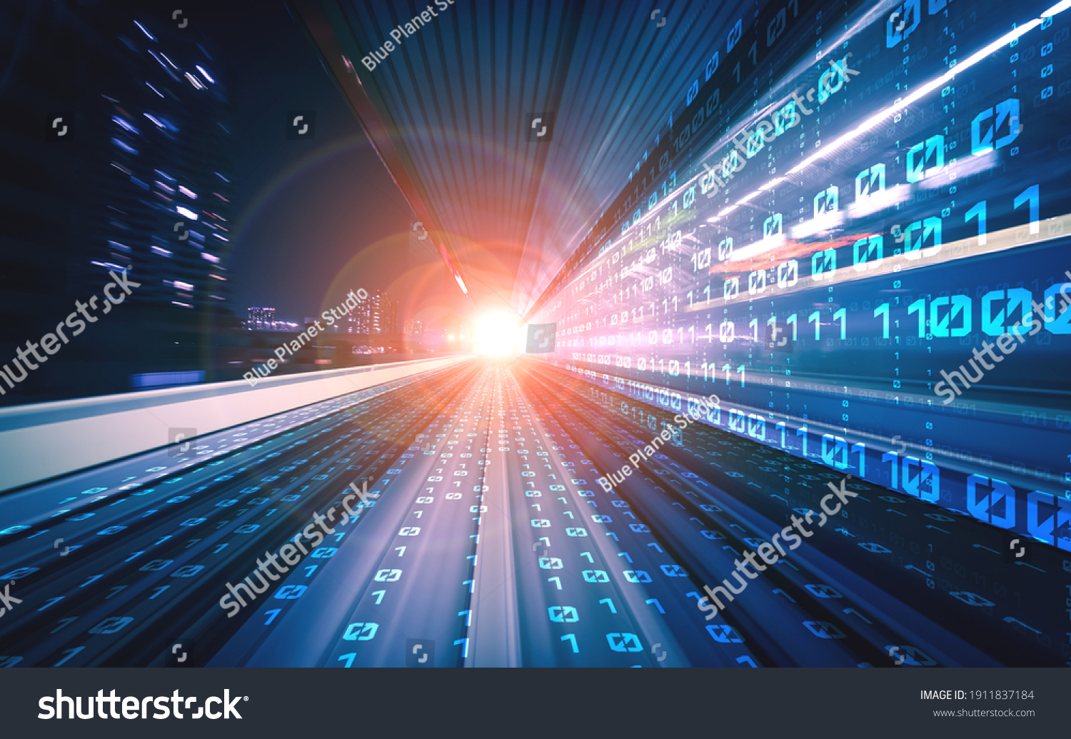 Digital data flow on road with motion blur to create vision of fast speed transfer . Concept of future digital transformation , disruptive innovation and agile business methodology . #1911837184