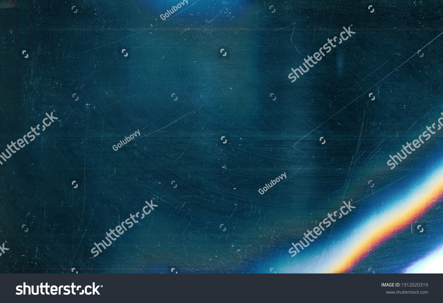 Dust scratches overlay. Old film effect. Blue distressed faded glass with smeared dirt stains colorful rainbow lens flare design. #1912020319