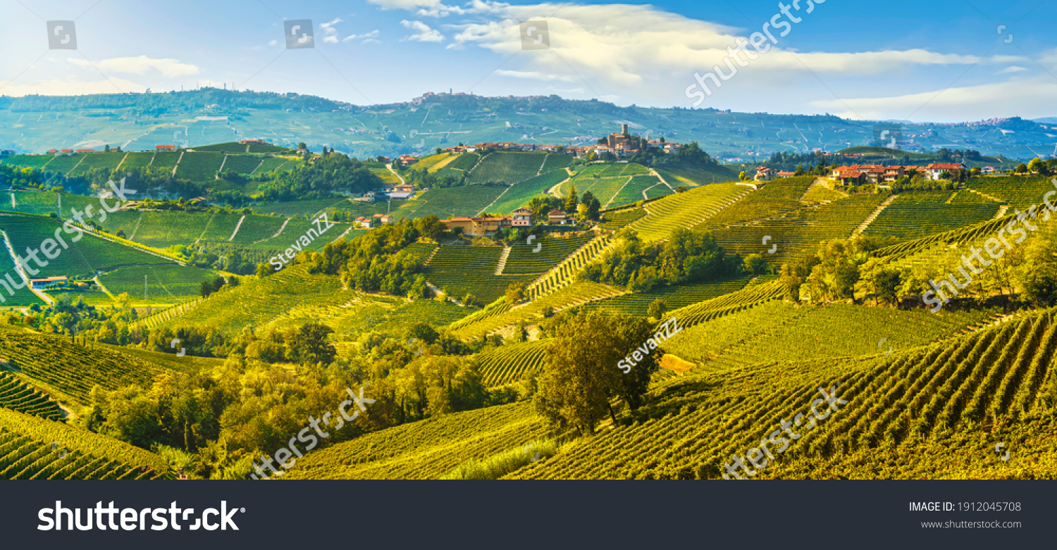 Langhe vineyards landscape and Castiglione Falletto village panorama, Unesco Site, Piedmont, Northern Italy Europe. #1912045708