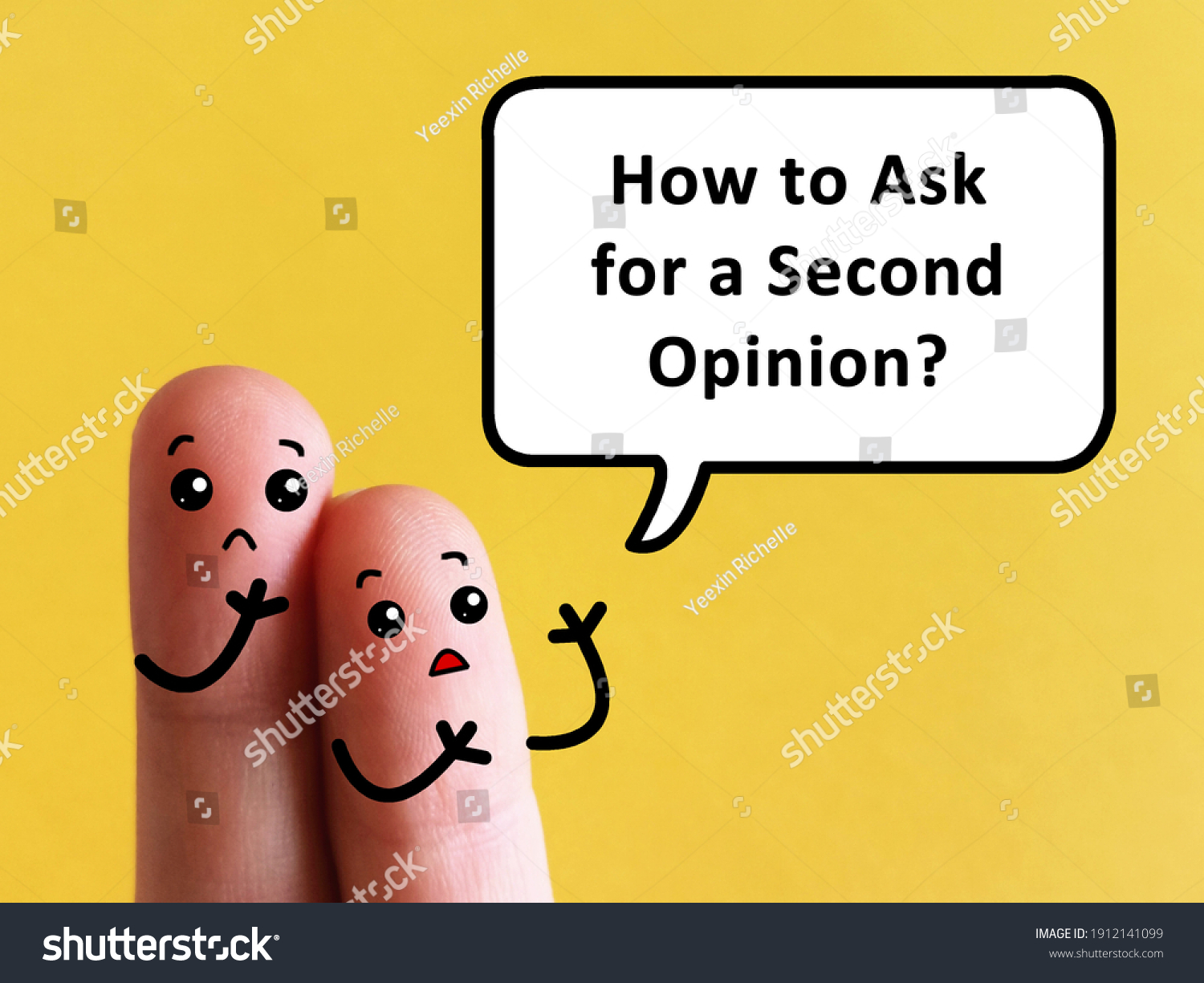 Two fingers are decorated as two person. One of them is asking how to ask for a second opinion. #1912141099