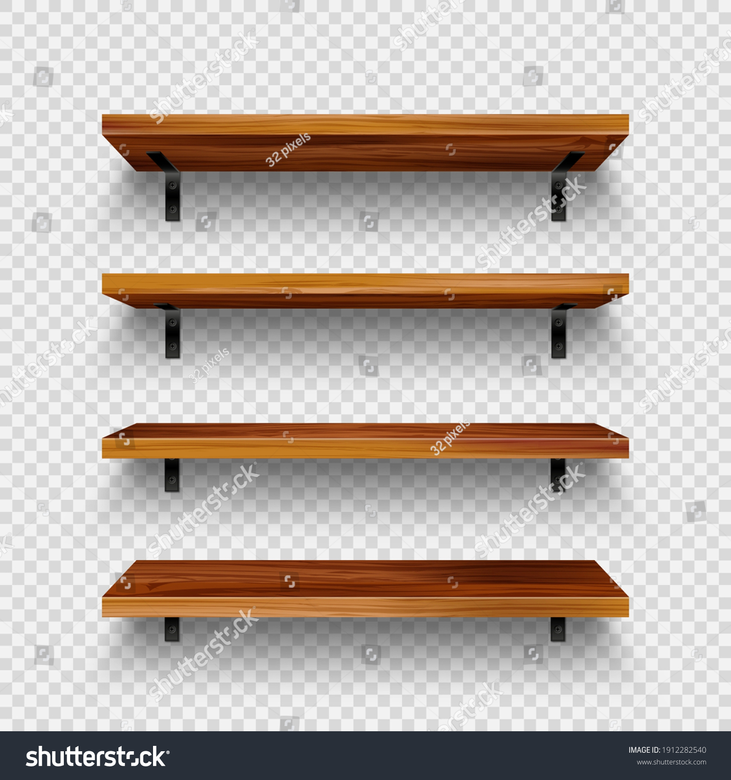 Realistic empty wooden store shelves set. Product shelf with wood texture and black wall mount. Grocery rack. Vector illustration. #1912282540