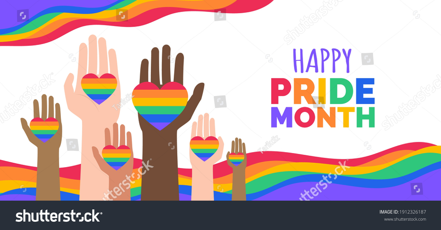 happy pride month lgbt multiracial hands with hearts vector illustration #1912326187