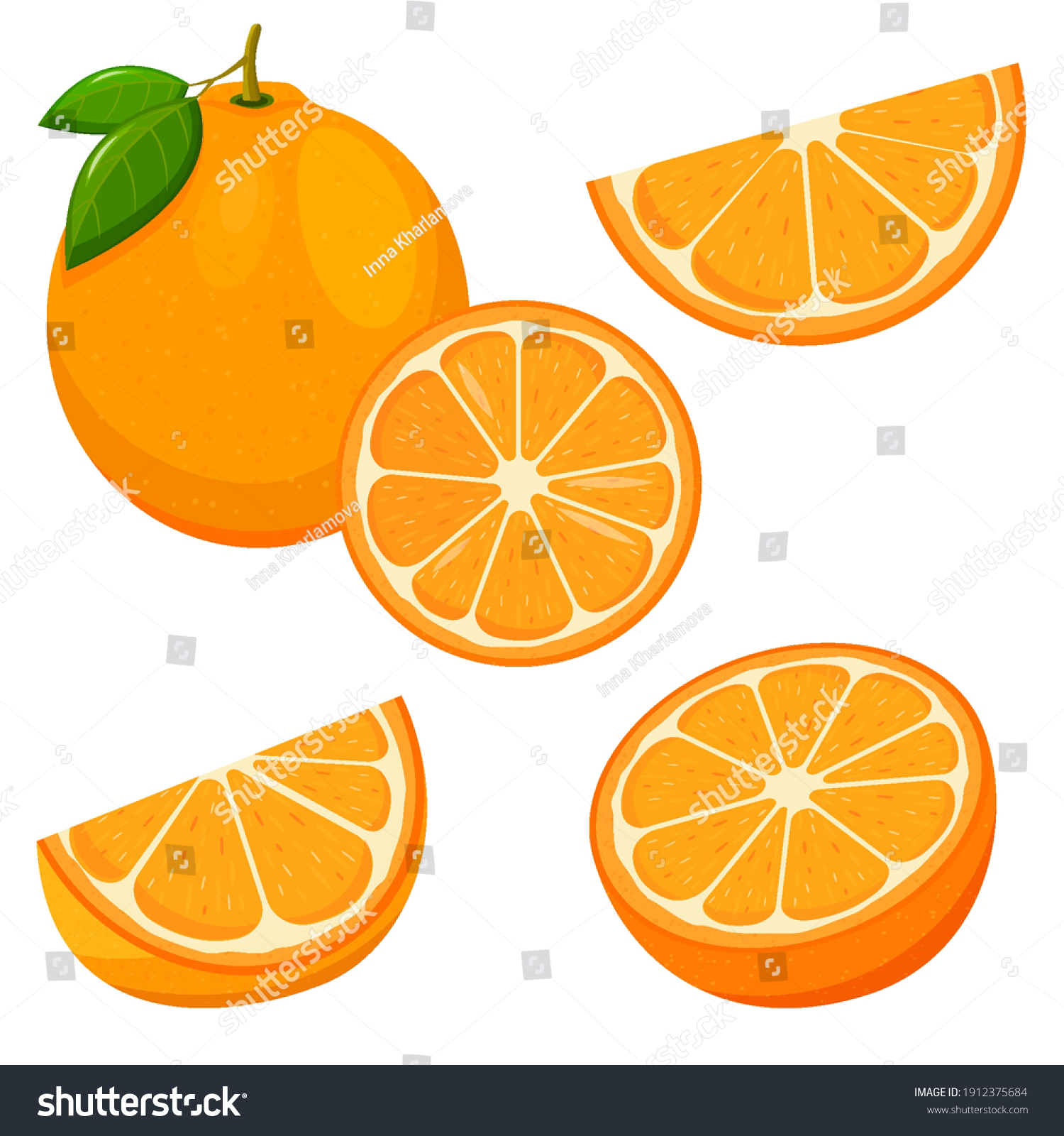 Orange. Set of fresh whole, half, cut slice orange fruit isolated on white background. Tangerine. Organic fruit. Flat style. Vector illustration for any design. #1912375684