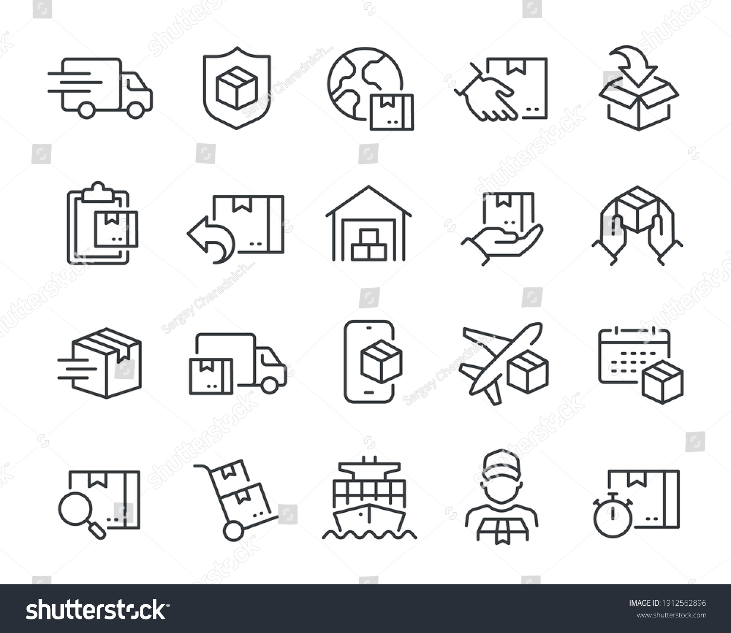Delivery icons set. Collection of simple linear web icons such as Shipping By Sea Air, Delivery Date, Courier, Warehouse, Return Search Parcel, Fast Shipping and others Editable vector stroke. #1912562896