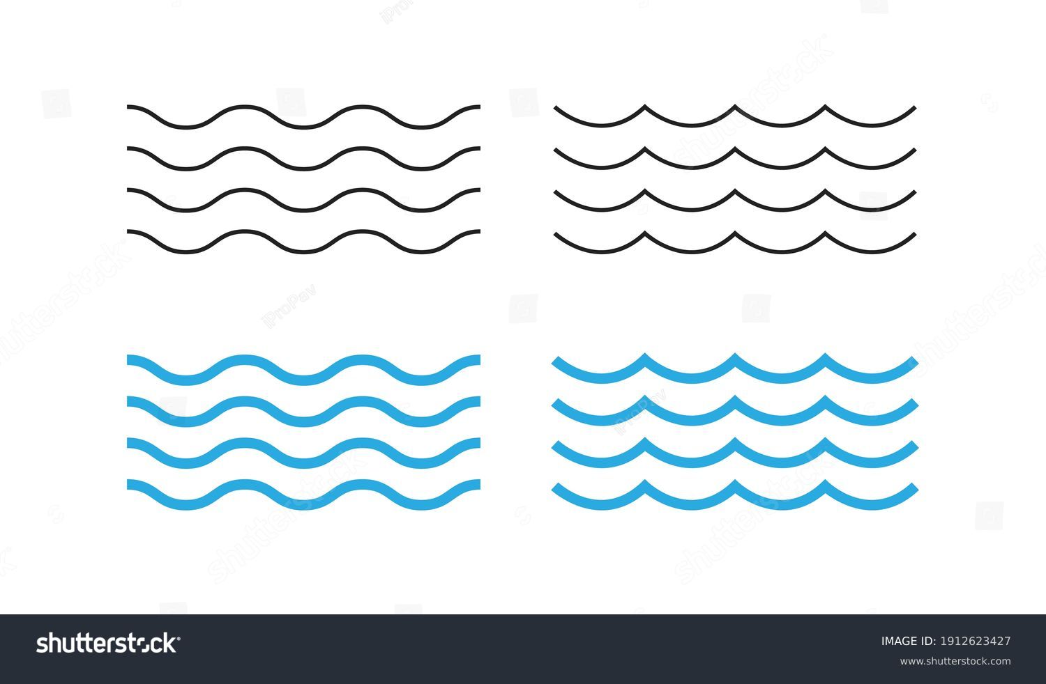 Sea wave icon set. Water logo, line ocean symbol in vector flat style. #1912623427