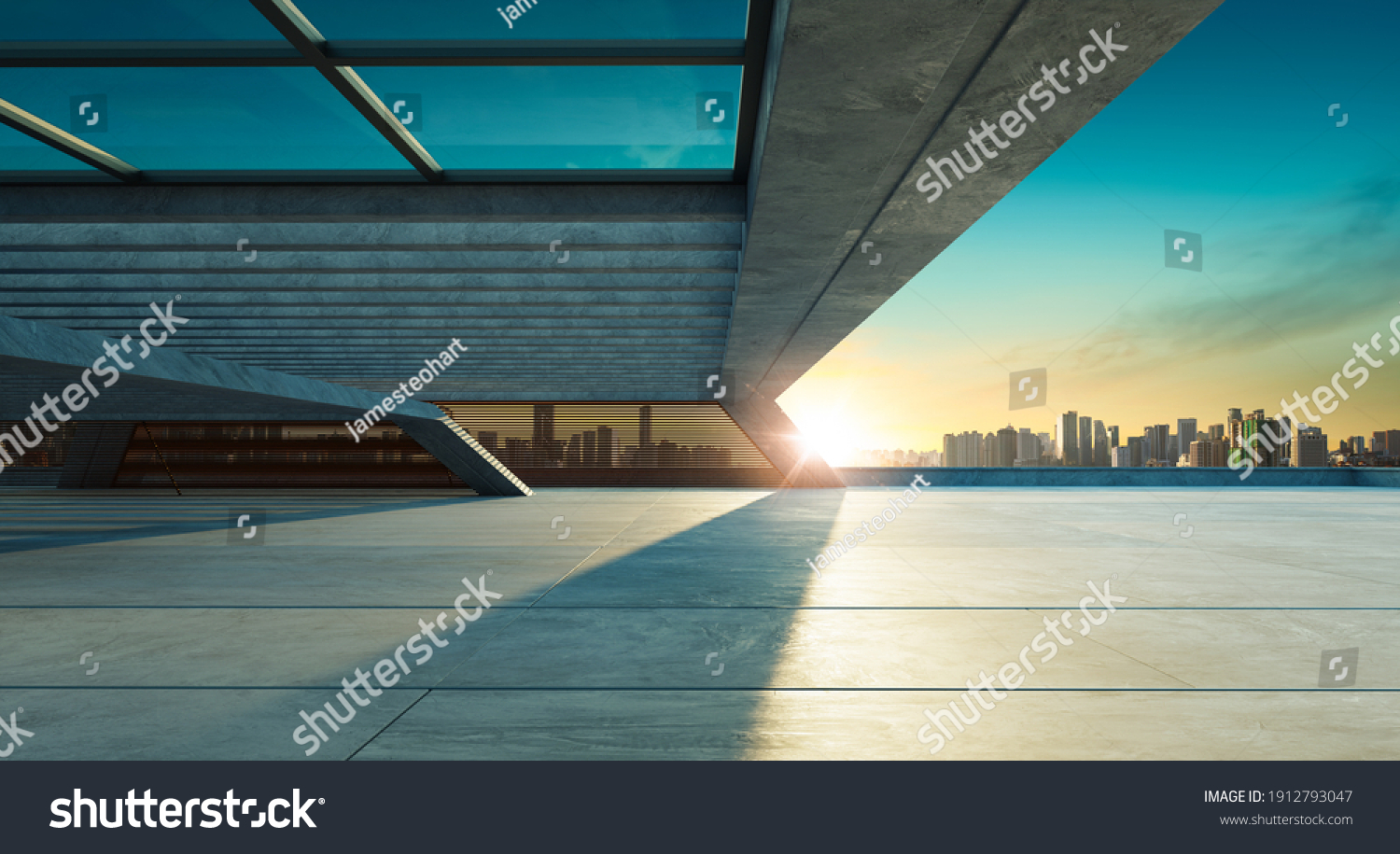 Perspective view of empty concrete floor and modern rooftop building with sunset cityscape scene. Mixed media #1912793047